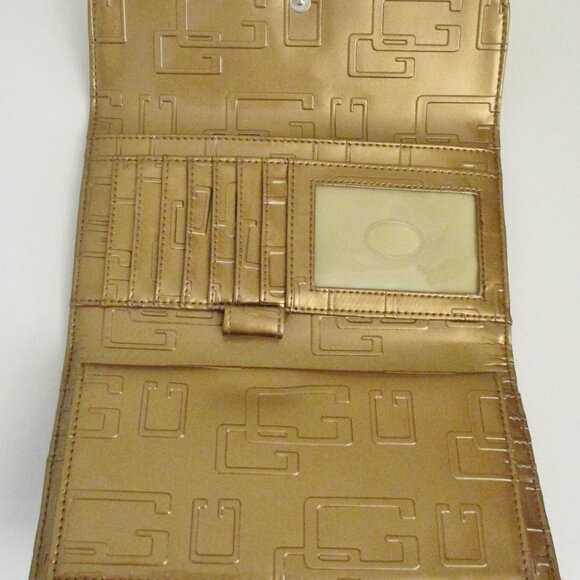 Guess Women's Tri-Fold Checkbook Wallet, Logo World SLG, Gold, G w/Rhinestones - Picture 4 of 12